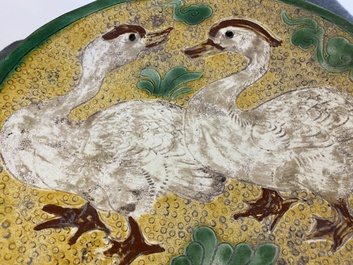 A Chinese sancai 'mandarin ducks' pillow, possibly Dangyangyu kilns, Henan, Song or later
