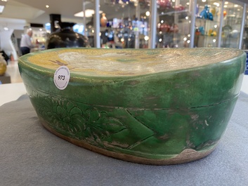 A Chinese sancai 'mandarin ducks' pillow, possibly Dangyangyu kilns, Henan, Song or later