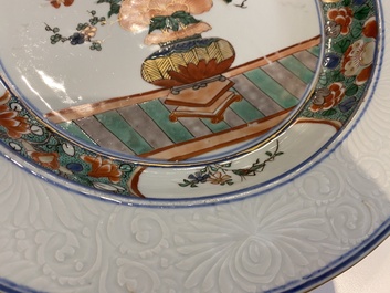 A pair of Chinese famille verte dishes with underglaze border design, Kangxi