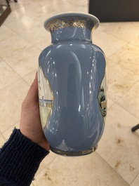 A pair of Chinese famille rose lavender-blue-ground vases, Qianlong mark, Republic
