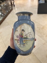 A pair of Chinese famille rose lavender-blue-ground vases, Qianlong mark, Republic