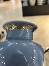 A pair of Chinese famille rose lavender-blue-ground vases, Qianlong mark, Republic