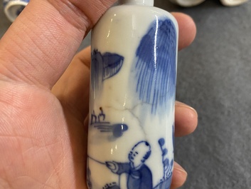 Five Chinese blue and white snuff bottles, 19th C.