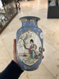A pair of Chinese famille rose lavender-blue-ground vases, Qianlong mark, Republic