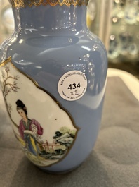A pair of Chinese famille rose lavender-blue-ground vases, Qianlong mark, Republic