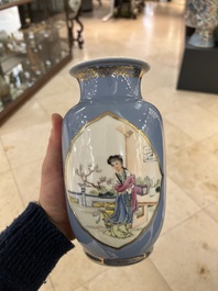 A pair of Chinese famille rose lavender-blue-ground vases, Qianlong mark, Republic