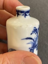Five Chinese blue and white snuff bottles, 19th C.