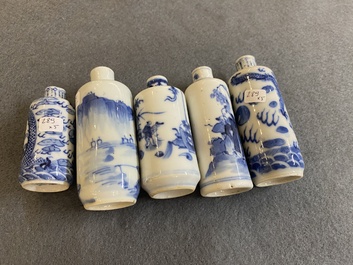 Five Chinese blue and white snuff bottles, 19th C.