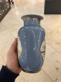 A pair of Chinese famille rose lavender-blue-ground vases, Qianlong mark, Republic