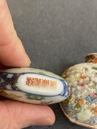 Two Chinese famille rose snuff bottles, Qianlong and Jiaqing mark, 19th C.