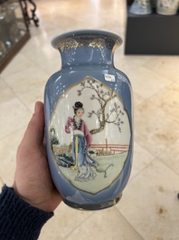 A pair of Chinese famille rose lavender-blue-ground vases, Qianlong mark, Republic
