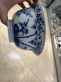 Een Chinese blauw-witte 'Drie vrienden van de winter' kom, Kangxi merk en periode
