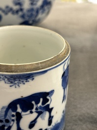 A Chinese famille rose 'Wu Shuang Pu' cup stand and a blue and white 'animals' box, 19th C.