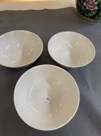 Three Chinese famille rose 'dragon' bowls, Qianlong mark, 19/20th C.