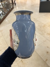 A pair of Chinese famille rose lavender-blue-ground vases, Qianlong mark, Republic