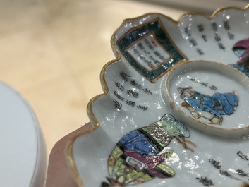 A Chinese famille rose 'Wu Shuang Pu' cup stand and a blue and white 'animals' box, 19th C.