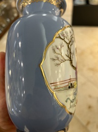 A pair of Chinese famille rose lavender-blue-ground vases, Qianlong mark, Republic