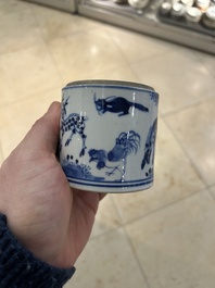 A Chinese famille rose 'Wu Shuang Pu' cup stand and a blue and white 'animals' box, 19th C.