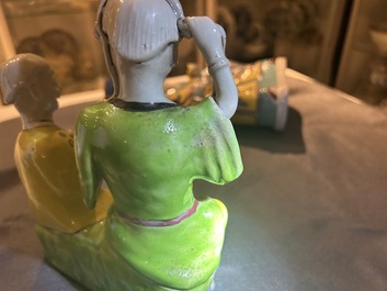 A Chinese famille rose 'Hehe Er Xian' group and a 'Caishen' figure, Qianlong and later