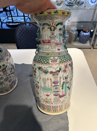 Three Chinese famille rose 'antiquities' vases, 19th C.
