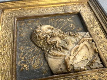 A pair of rare rhombus-shaped Malines alabaster portrait carvings, signed Tobias Tissenaken, end of the 16th C.