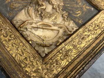 A pair of rare rhombus-shaped Malines alabaster portrait carvings, signed Tobias Tissenaken, end of the 16th C.