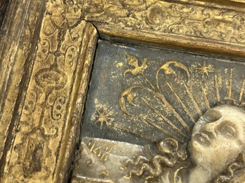 A pair of rare rhombus-shaped Malines alabaster portrait carvings, signed Tobias Tissenaken, end of the 16th C.
