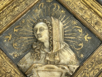 A pair of rare rhombus-shaped Malines alabaster portrait carvings, signed Tobias Tissenaken, end of the 16th C.