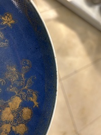 Two Chinese gilt-decorated powder-blue dishes, Kangxi