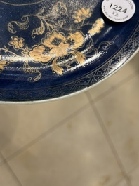 Two Chinese gilt-decorated powder-blue dishes, Kangxi