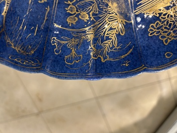 Two Chinese gilt-decorated powder-blue dishes, Kangxi