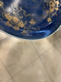 Two Chinese gilt-decorated powder-blue dishes, Kangxi