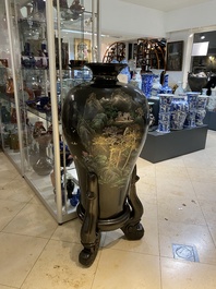 A very large Chinese Fuzhou or Foochow lacquer vase on stand, ca. 1950