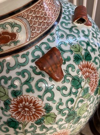 A very large Chinese famille verte 'dragon' vase on wooden stand, 19th C.