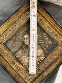 A pair of rare rhombus-shaped Malines alabaster portrait carvings, signed Tobias Tissenaken, end of the 16th C.