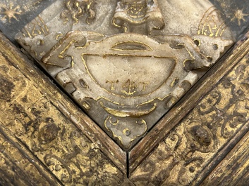 A pair of rare rhombus-shaped Malines alabaster portrait carvings, signed Tobias Tissenaken, end of the 16th C.