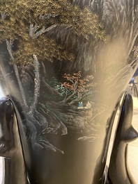 A very large Chinese Fuzhou or Foochow lacquer vase on stand, ca. 1950