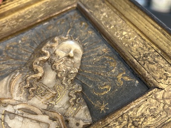 A pair of rare rhombus-shaped Malines alabaster portrait carvings, signed Tobias Tissenaken, end of the 16th C.