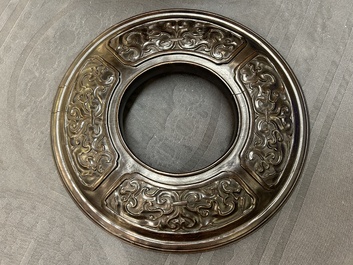 A Chinese relief-decorated alms bowl with wooden lid, Qianlong mark, 19/20th C.