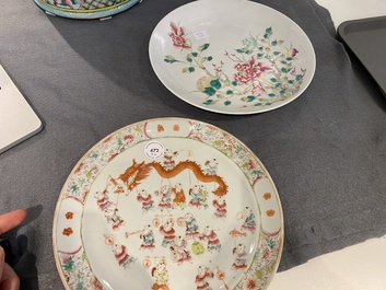 Two Chinese famille rose '100 boys' and floral subject plates, Guangxu and Qianlong marks, 19th C.