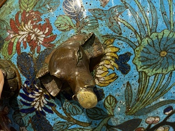 A Chinese cloisonn&eacute; tripod 'phoenix' bowl with elephant head handles, Qianlong/Jiaqing