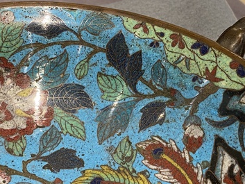 A Chinese cloisonn&eacute; tripod 'phoenix' bowl with elephant head handles, Qianlong/Jiaqing