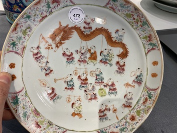 Two Chinese famille rose '100 boys' and floral subject plates, Guangxu and Qianlong marks, 19th C.