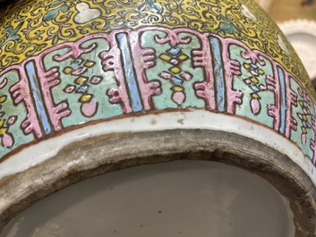 A large Chinese famille rose yellow-ground bottle vase, Qianlong mark, 19th C.