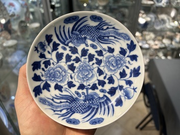 A Chinese blue and white 'Bleu de Hue' dish with phoenixes for Đặng Huy Trứ (1825 - 1874), Đặng Huy Trứ mark and inscription, dated 1868
