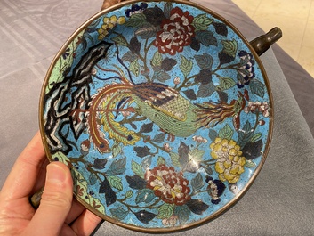 A Chinese cloisonn&eacute; tripod 'phoenix' bowl with elephant head handles, Qianlong/Jiaqing