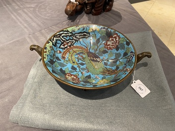 A Chinese cloisonn&eacute; tripod 'phoenix' bowl with elephant head handles, Qianlong/Jiaqing