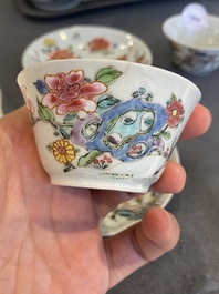 A pair of Chinese famille rose cups and saucers, Yongzheng
