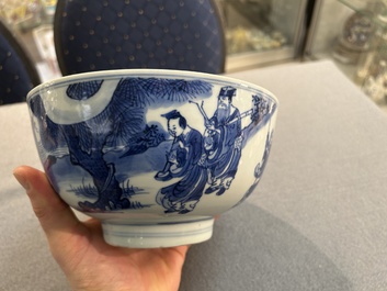 A Chinese blue and white 'immortals' bowl, Shen De Tang Bo Gu Zhi 慎德堂博古製 mark, Kangxi
