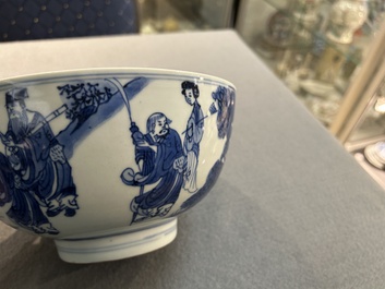 A Chinese blue and white 'immortals' bowl, Shen De Tang Bo Gu Zhi 慎德堂博古製 mark, Kangxi